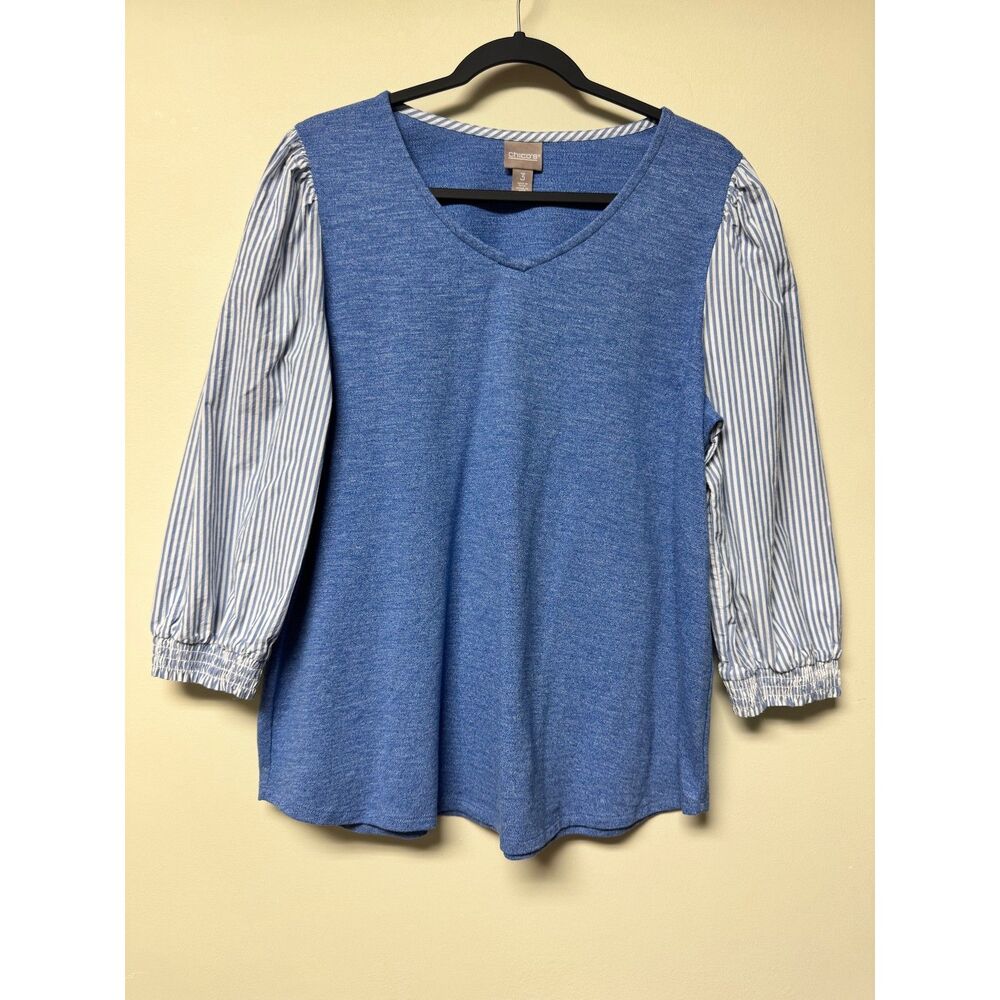 CHICO'S V-Neck Blue Heather Bodice Blue/White Striped Poplin Sleeves, Sz 3 (XL)